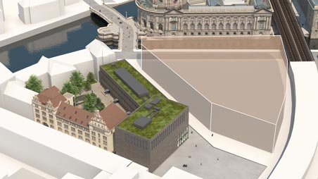 Bird’s eye view of the Archäologisches Zentrum and the area of the Museum Courtyards (visualization)