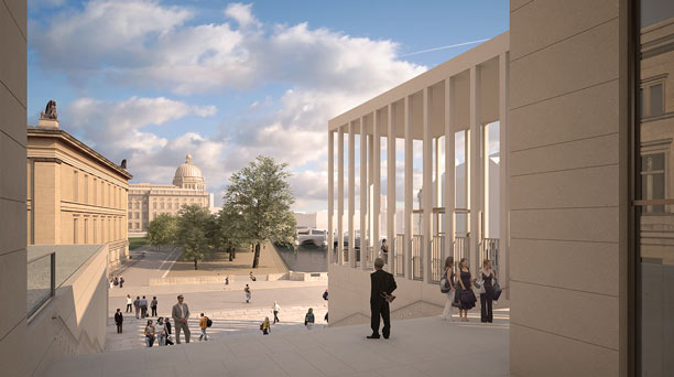 View towards the Humboldt-Forum from the outside staircase of the James-Simon-Galerie (visualization)