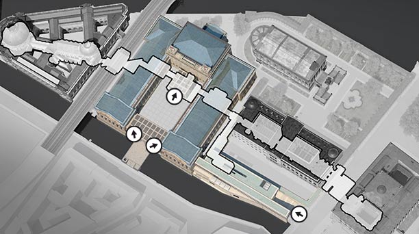 Zugänge zum Rundgang Antike Architekturen und Archäologische Promenade (Visualisierung)